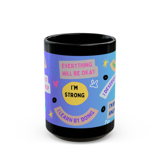 Positive Affirmations Pop Art Black Mug, Colorful Design, Ceramic Coffee Cup, Gift for Her, Inspirational Quote, Motivational Mug