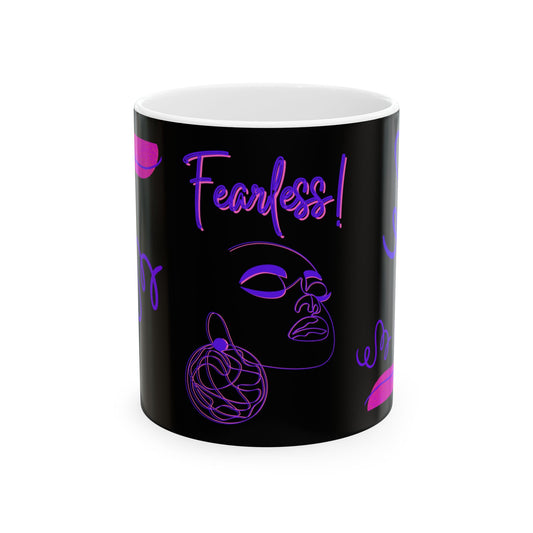 Fearless African American Woman Ceramic Mug | Black Mug with Neon Pink & Purple Abstract Design" Ceramic Mug, (11oz, 15oz)