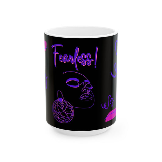 Fearless African American Woman Ceramic Mug | Black Mug with Neon Pink & Purple Abstract Design" Ceramic Mug, (11oz, 15oz)