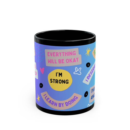 Positive Affirmations Pop Art Black Mug, Colorful Design, Ceramic Coffee Cup, Gift for Her, Inspirational Quote, Motivational Mug
