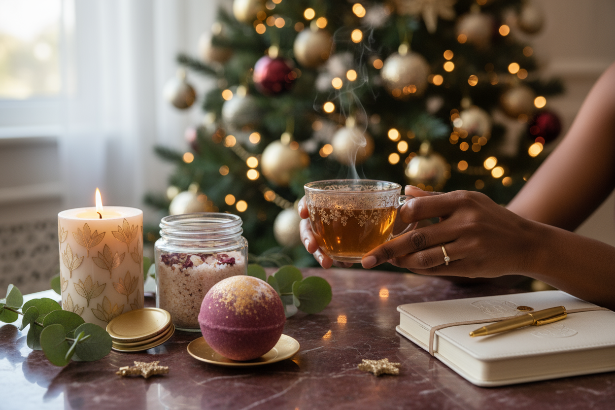 can you make her hands hold a cup of tea and take away the cutting board and cinnamon
