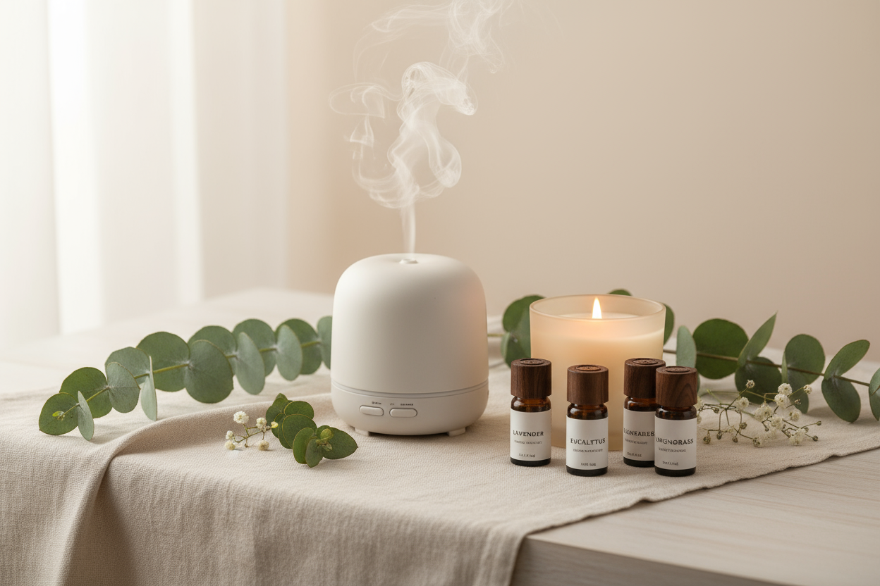 Candle and a essential oil disfuser with a few essential oils clean back ground with eucalyptus leaves